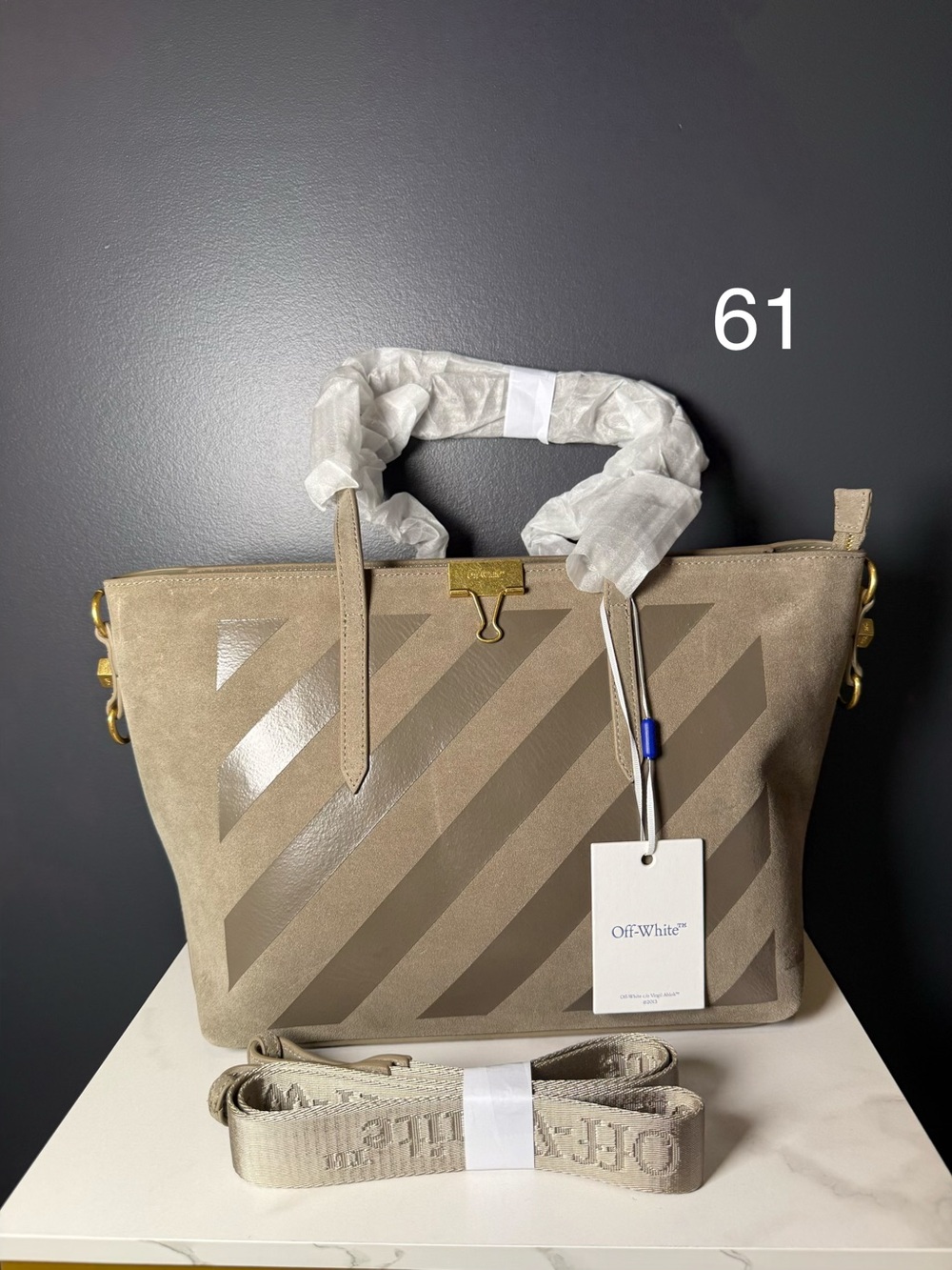 Off-White Taupe Diagonal Stripe Shoulder Tote